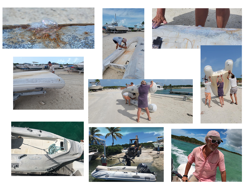 collage of photos showing the process these people undertook in restoring their dinghy to new